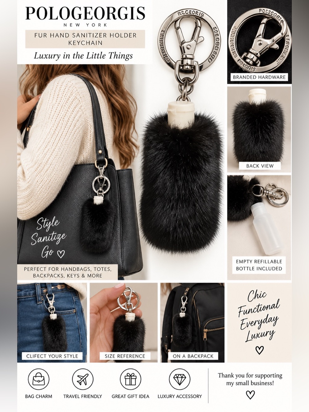 Pologeorgis Black Fur Hand Sanitizer Holder Keychain Empty Bottle Included